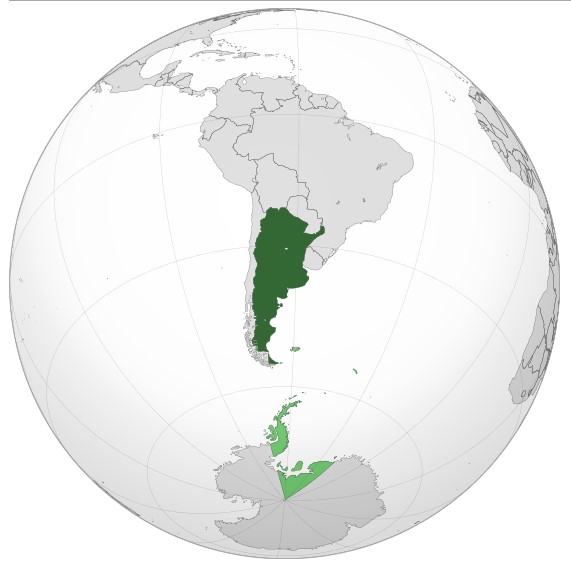 Map of Argentina on the world globe